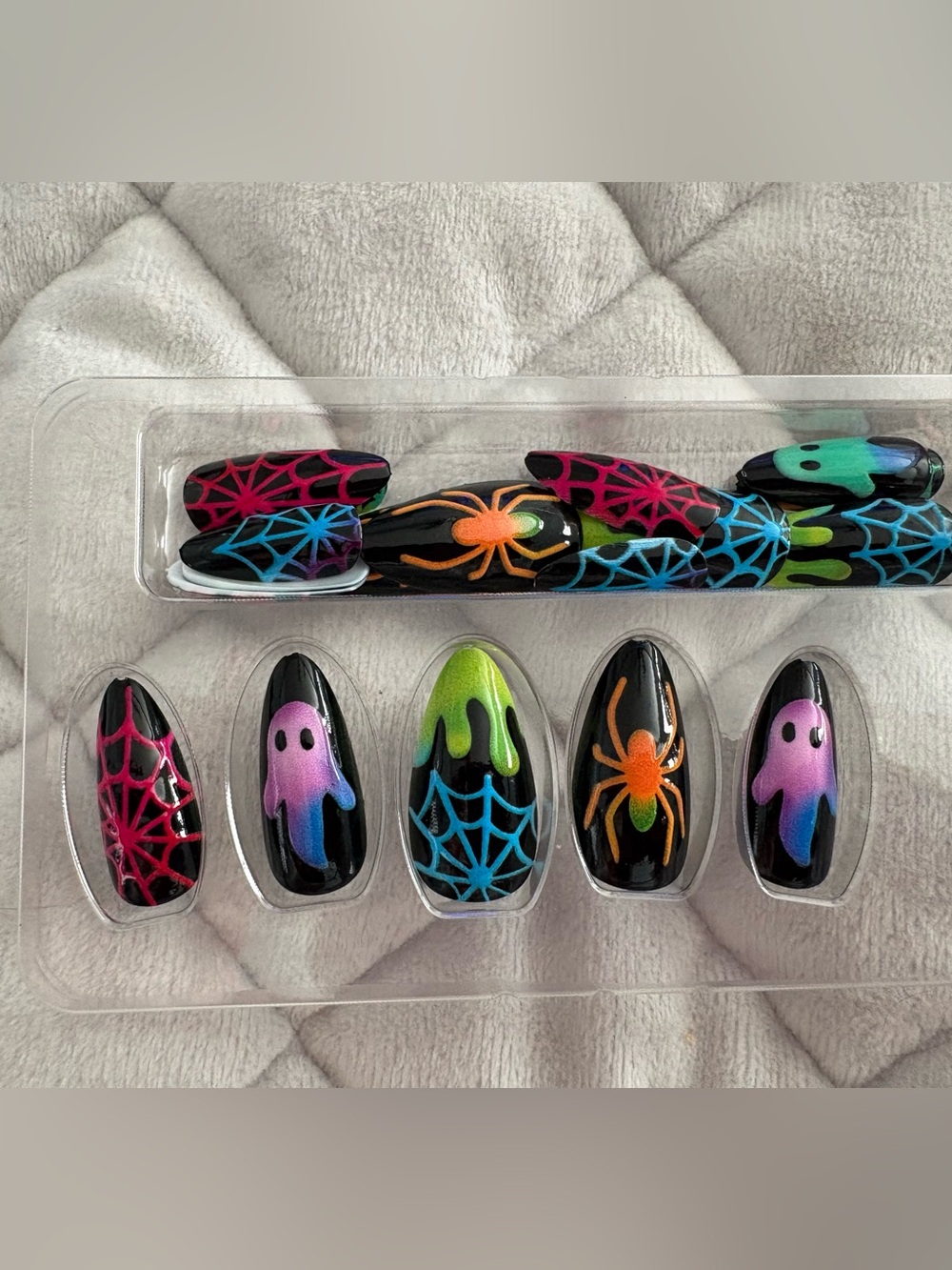 Halloween Neon Spider & Ghost False Nail Set Black
